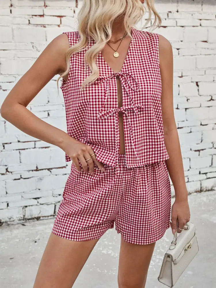 Gingham Print Tie Front Top and Shorts Set