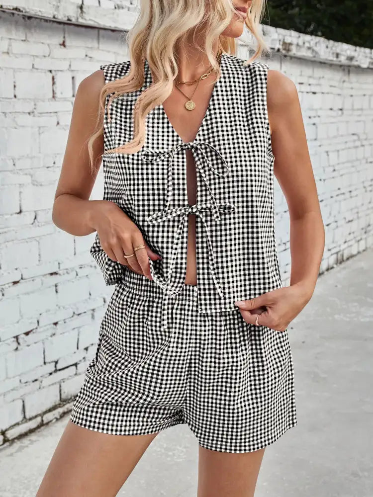 Gingham Print Tie Front Top and Shorts Set