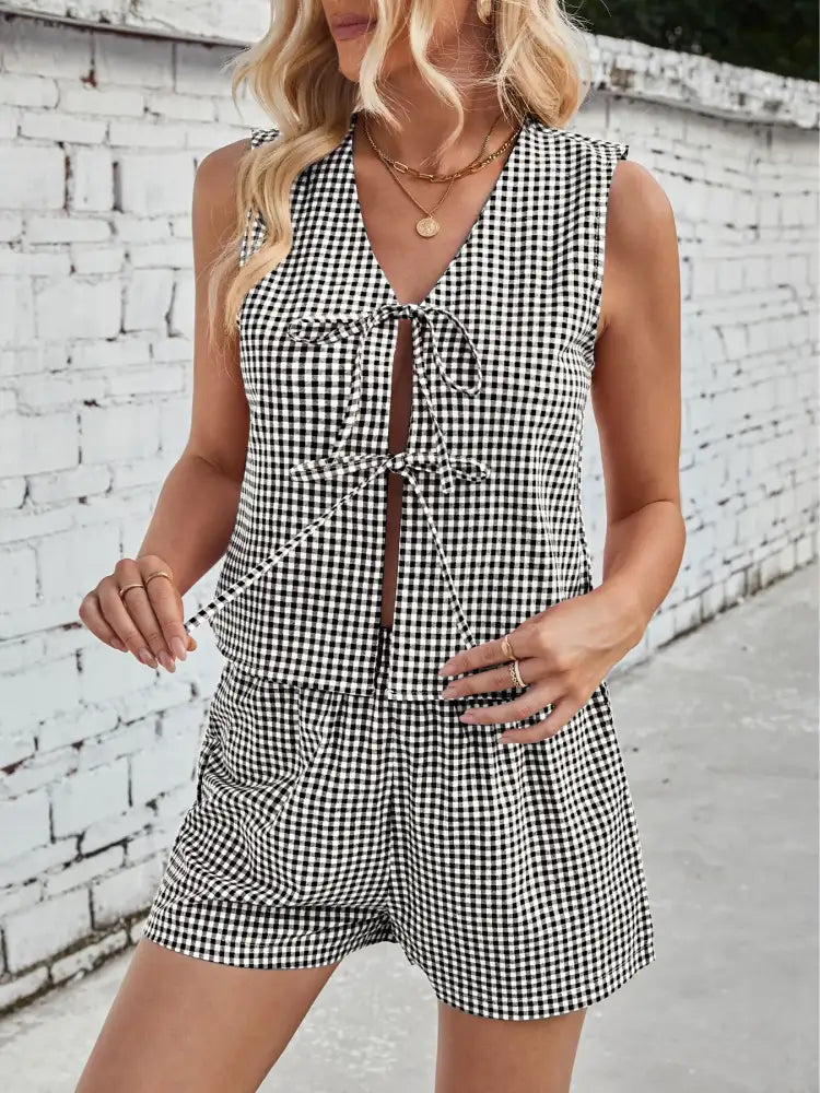 Gingham Print Tie Front Top and Shorts Set