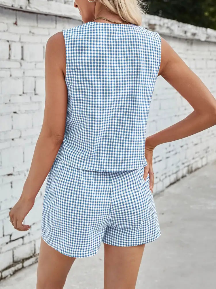 Gingham Print Tie Front Top and Shorts Set