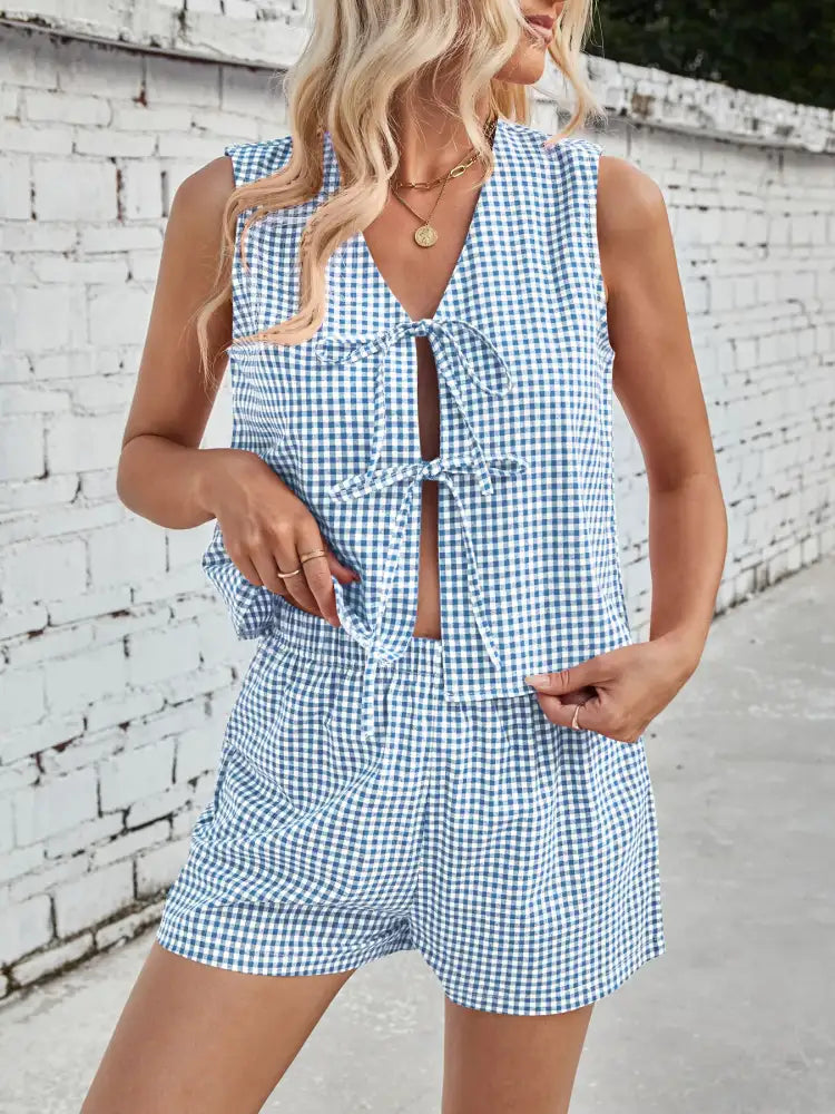 Gingham Print Tie Front Top and Shorts Set