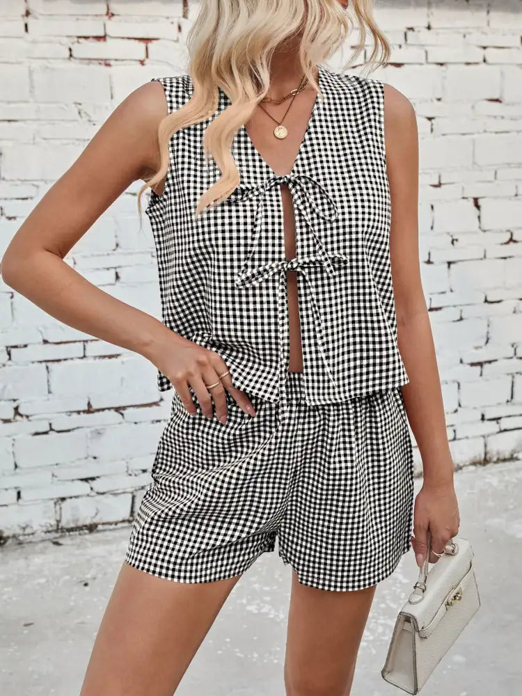 Gingham Print Tie Front Top and Shorts Set