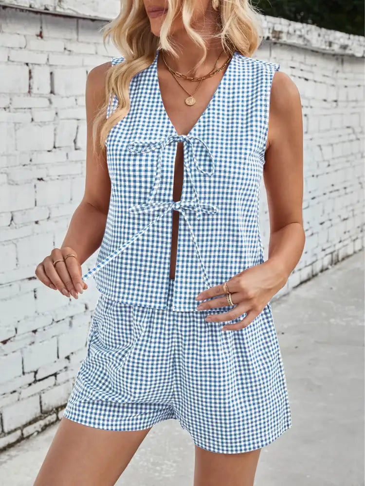 Gingham Print Tie Front Top and Shorts Set