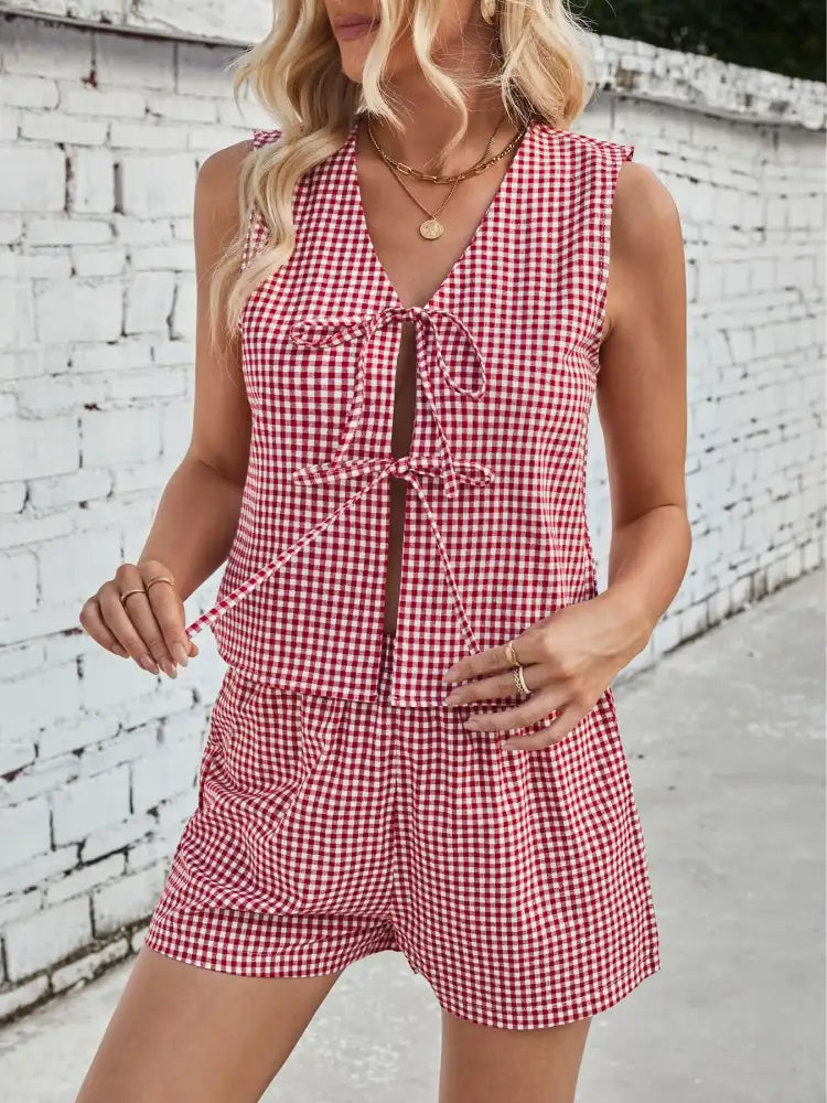 Gingham Print Tie Front Top and Shorts Set