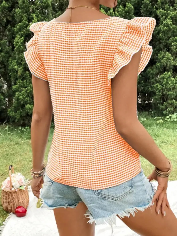 Gingham Ruffle Sleeve Square Neck Blouse