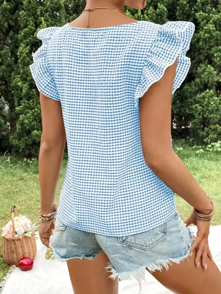 Gingham Ruffle Sleeve Square Neck Blouse