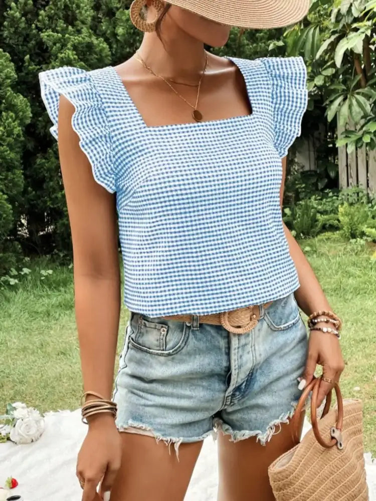 Gingham Ruffle Sleeve Square Neck Blouse