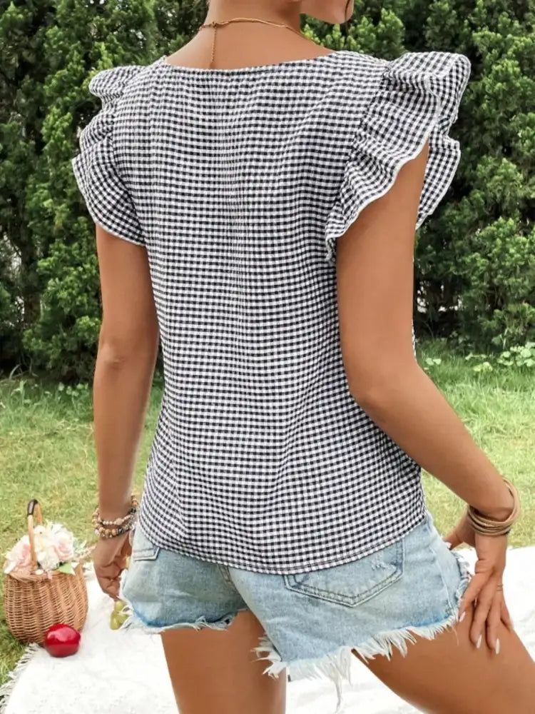 Gingham Ruffle Sleeve Square Neck Blouse