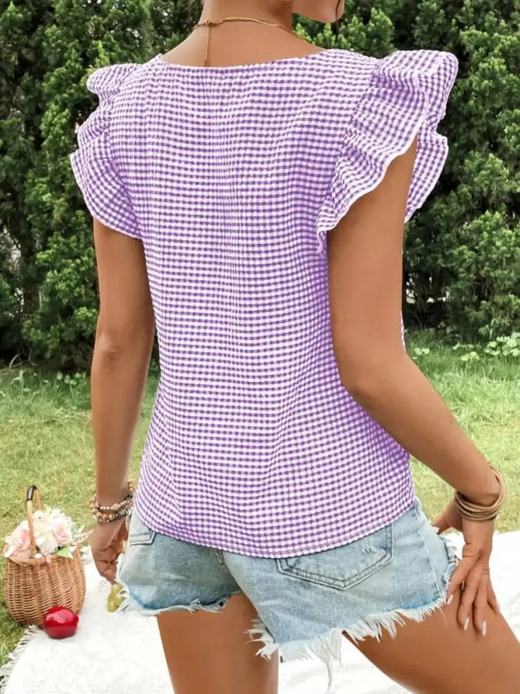 Gingham Ruffle Sleeve Square Neck Blouse