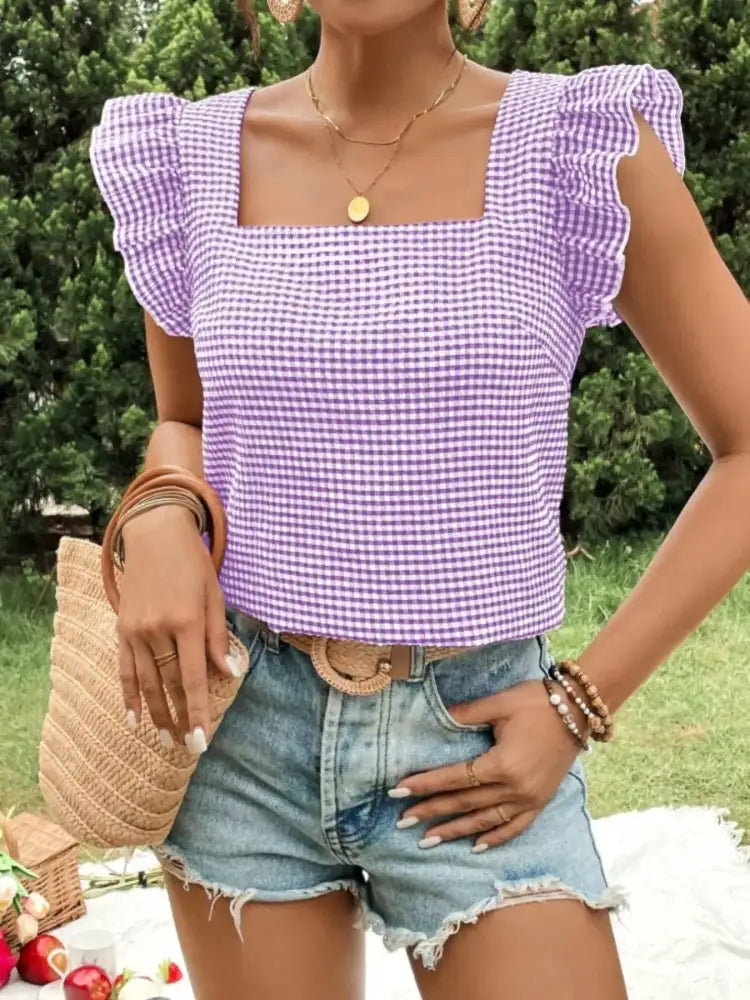 Gingham Ruffle Sleeve Square Neck Blouse