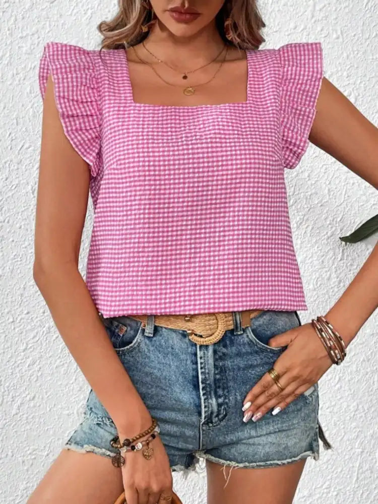 Gingham Ruffle Sleeve Square Neck Blouse