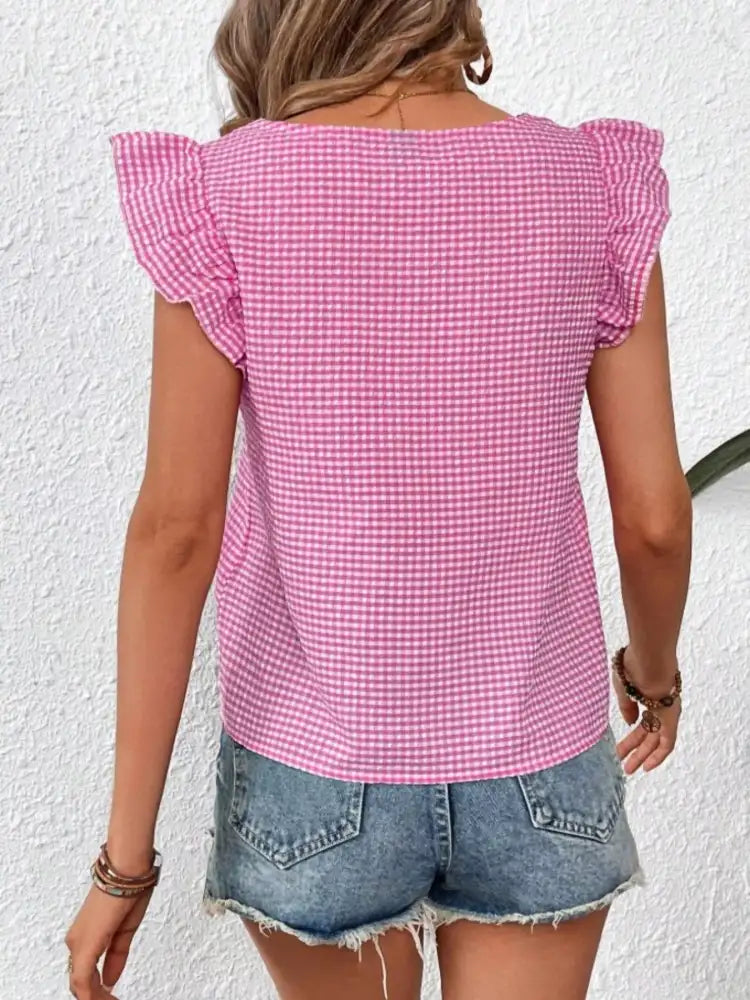 Gingham Ruffle Sleeve Square Neck Blouse