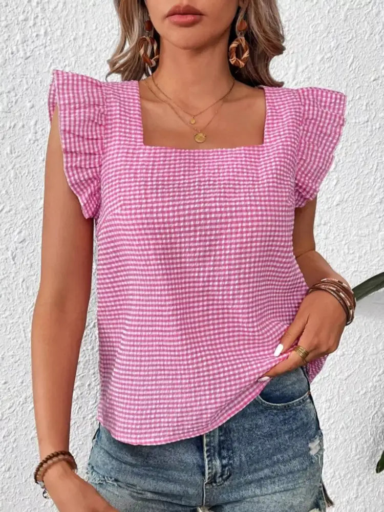 Gingham Ruffle Sleeve Square Neck Blouse