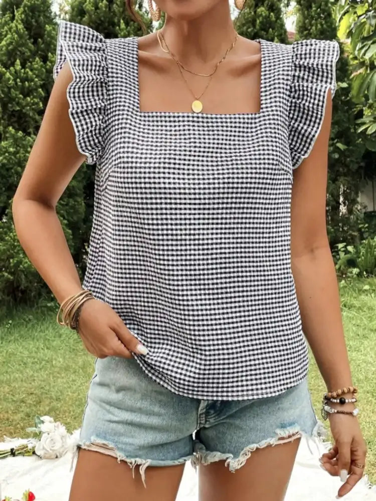 Gingham Ruffle Sleeve Square Neck Blouse