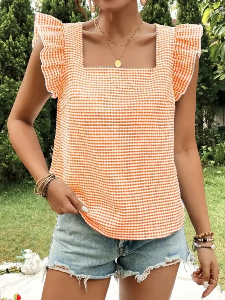 Gingham Ruffle Sleeve Square Neck Blouse