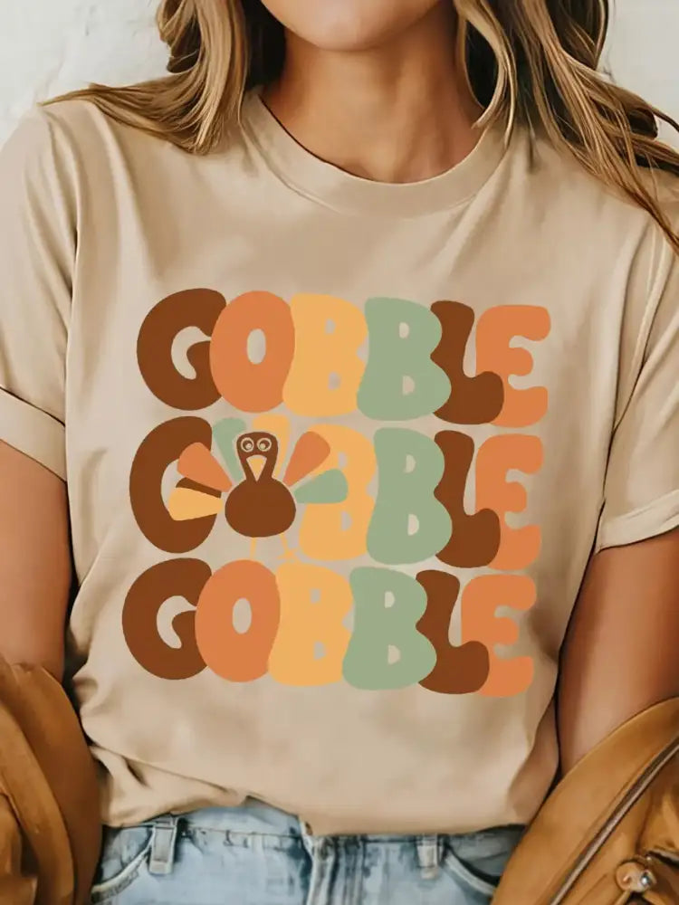GOBBLE Turkey Graphic Thanksgiving Round Neck Tee