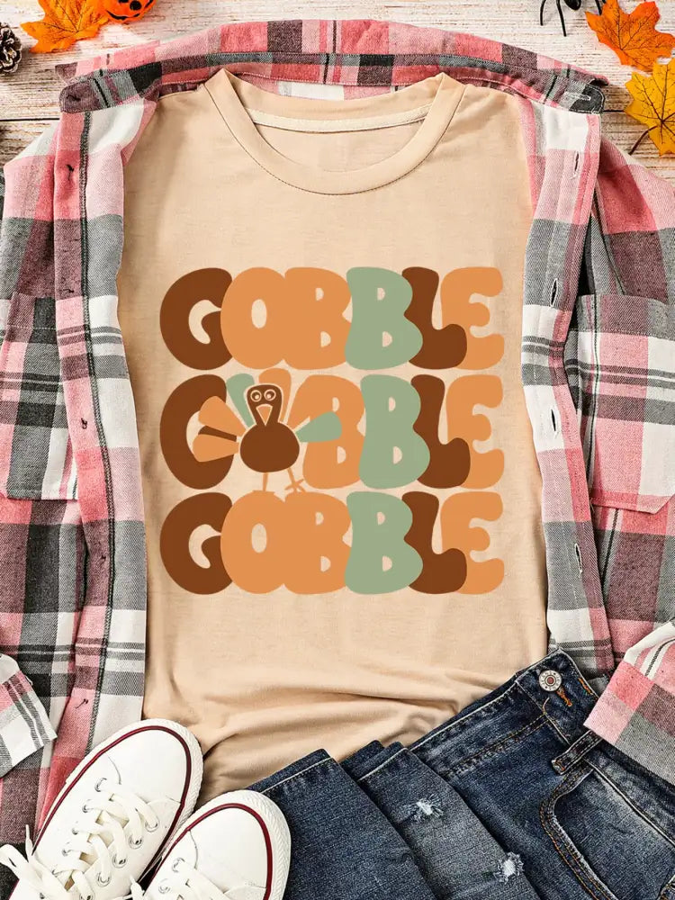 GOBBLE Turkey Graphic Thanksgiving Round Neck Tee