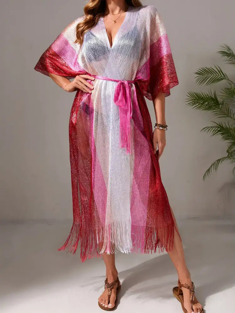 Gradient Fringe Kimono Cover-Up