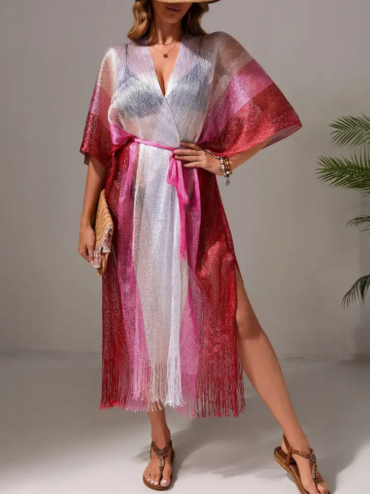 Gradient Fringe Kimono Cover-Up