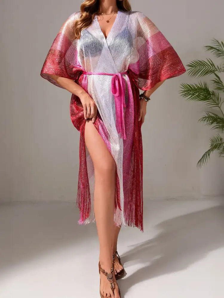 Gradient Fringe Kimono Cover-Up