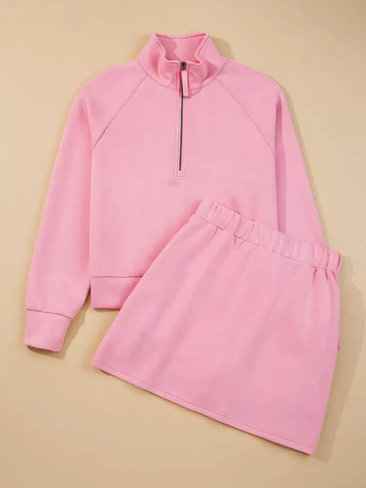 Half Zip Long Sleeve Top and Mini Skirt 2pcs Outfit