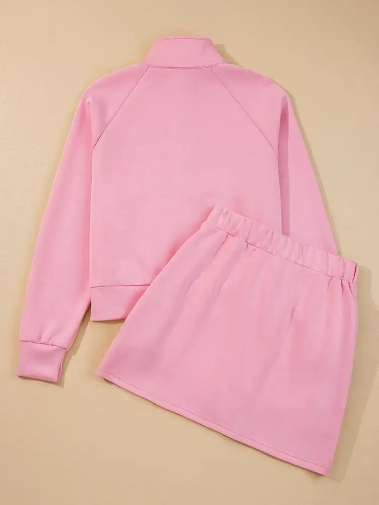 Half Zip Long Sleeve Top and Mini Skirt 2pcs Outfit