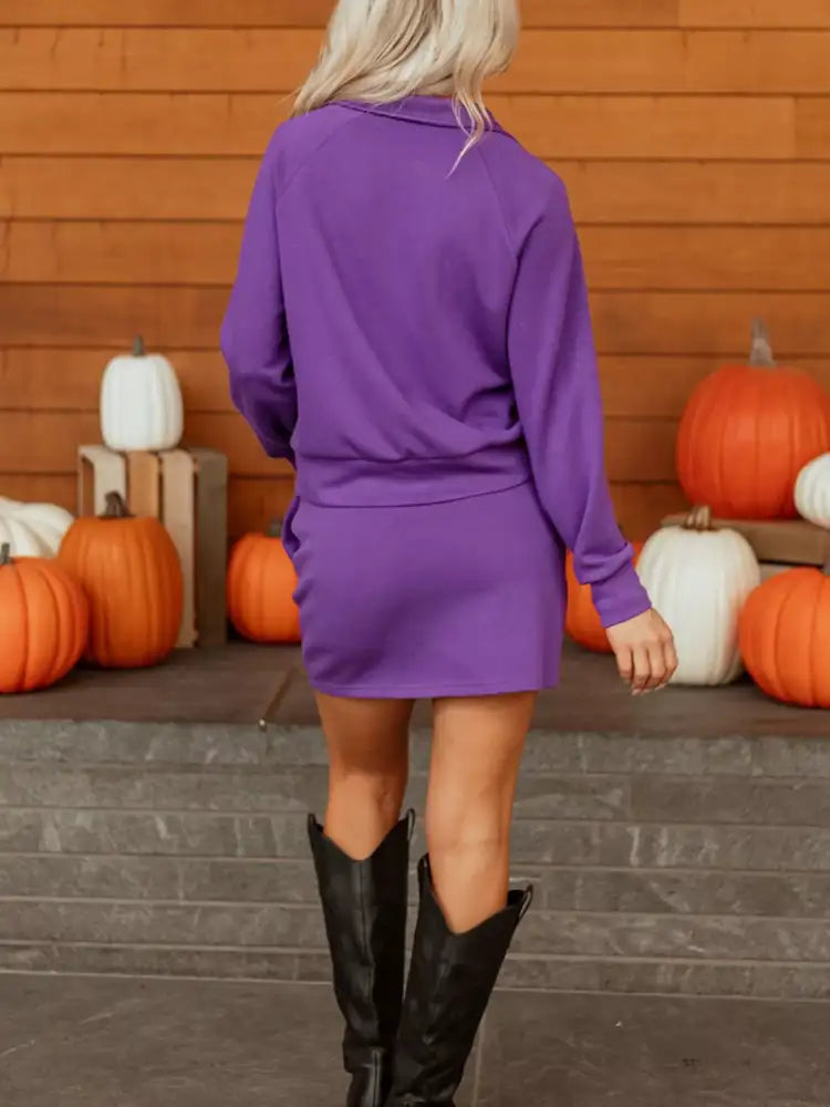 Half Zip Long Sleeve Top and Mini Skirt 2pcs Outfit