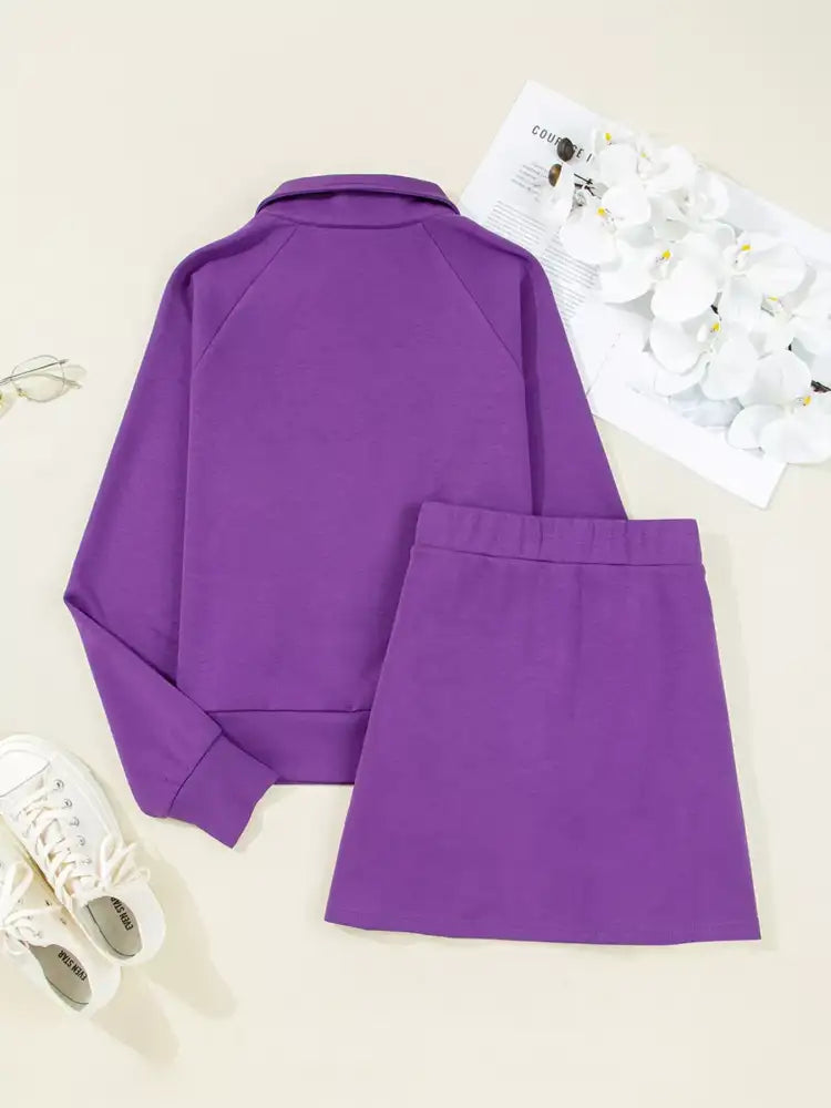 Half Zip Long Sleeve Top and Mini Skirt 2pcs Outfit