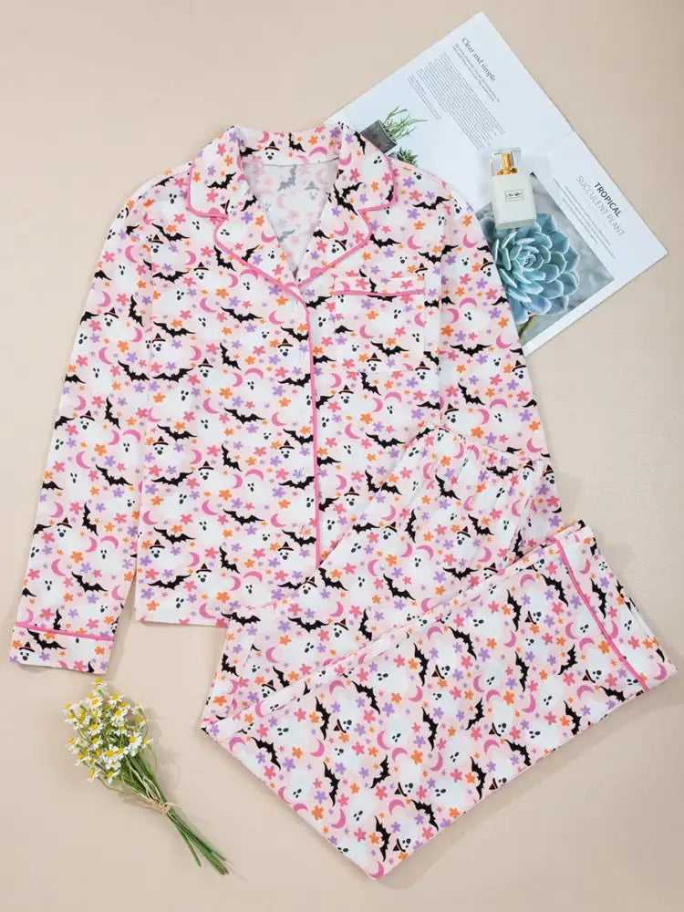 Halloween Ghost Print Button Up Top and Pants Lounge Set