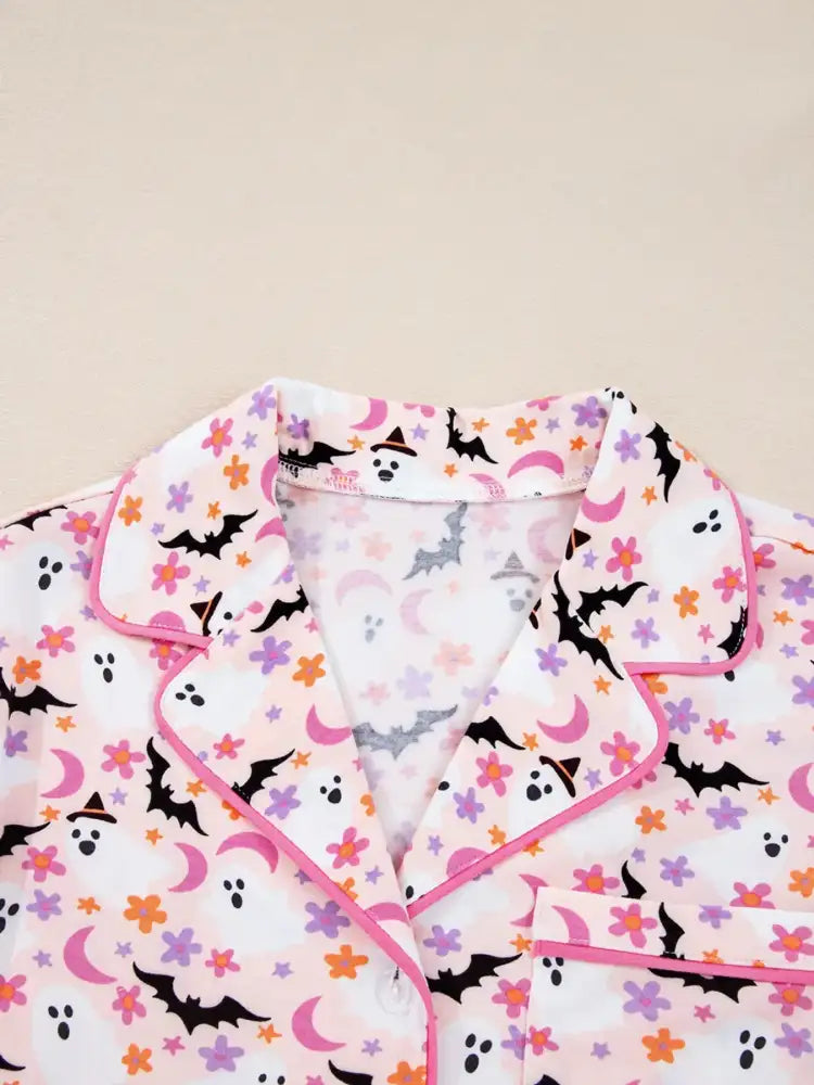 Halloween Ghost Print Button Up Top and Pants Lounge Set