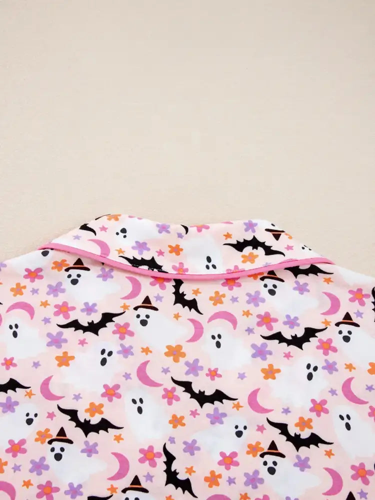 Halloween Ghost Print Button Up Top and Pants Lounge Set