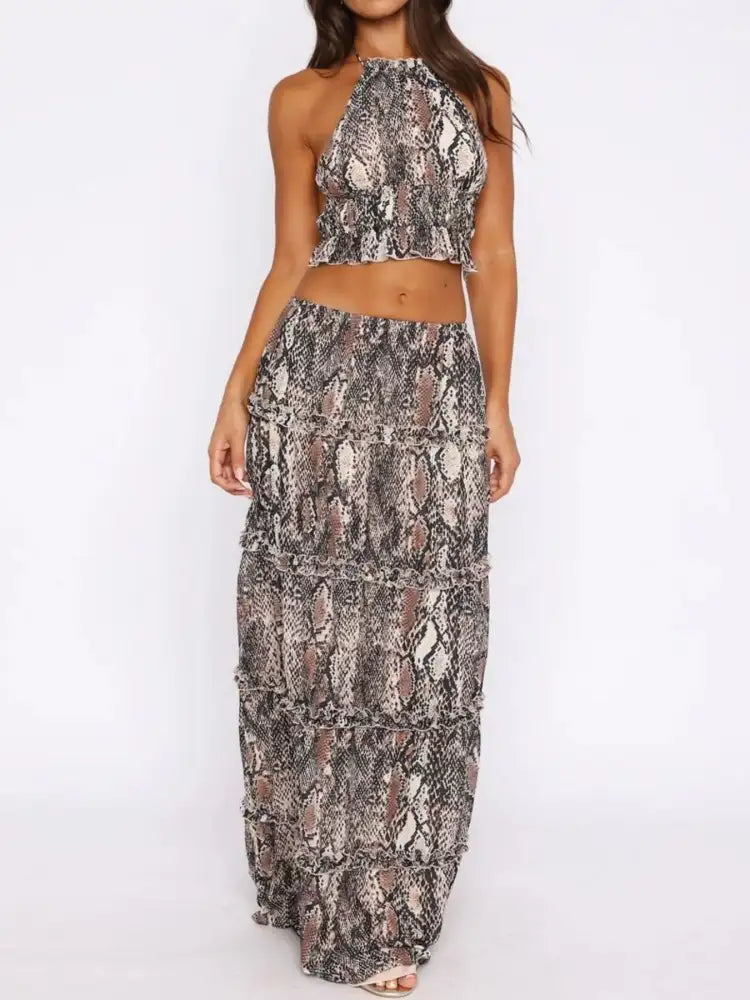 Halter Crop Backless Top and Maxi Skirt Set