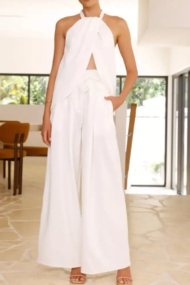 Halter Neck Top and Wide Leg Pants Set