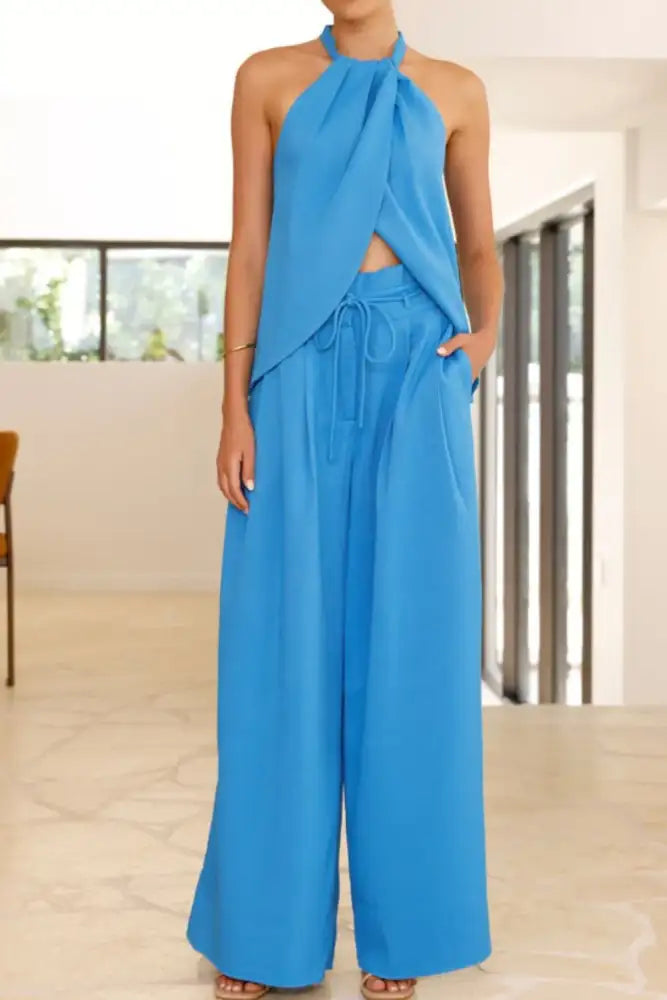 Halter Neck Top and Wide Leg Pants Set