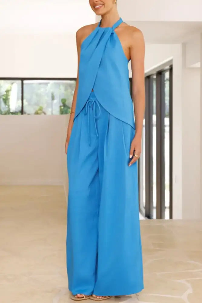Halter Neck Top and Wide Leg Pants Set