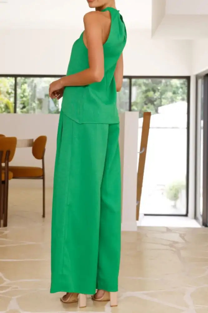 Halter Neck Top and Wide Leg Pants Set