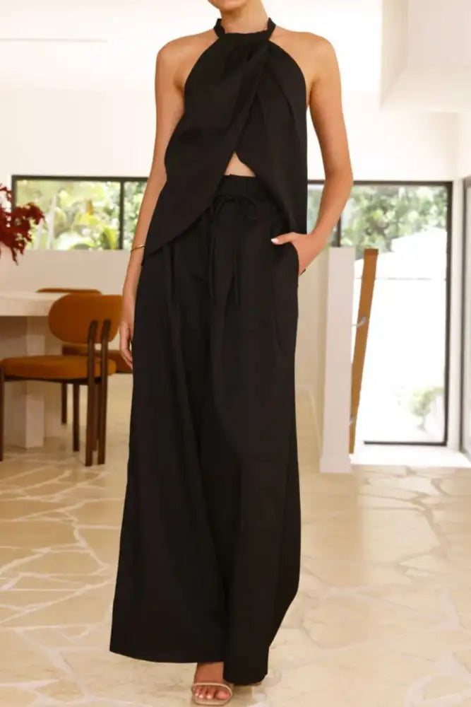 Halter Neck Top and Wide Leg Pants Set