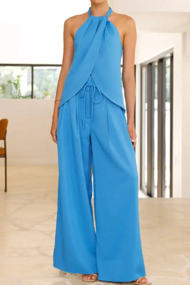 Halter Neck Top and Wide Leg Pants Set