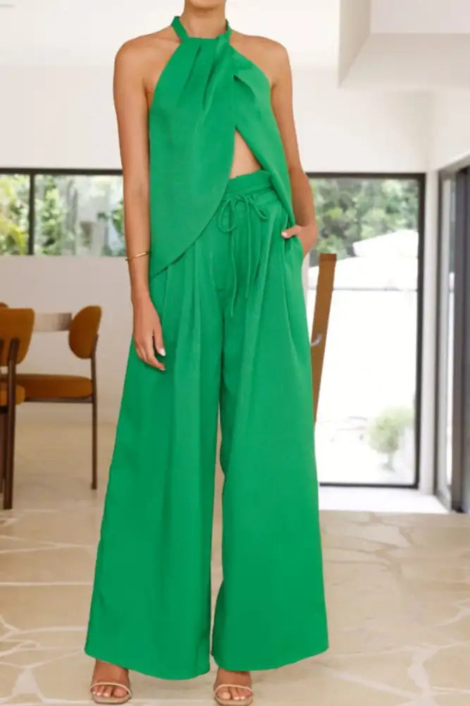 Halter Neck Top and Wide Leg Pants Set