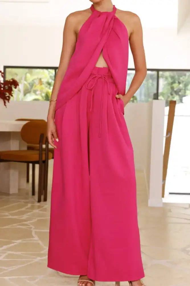 Halter Neck Top and Wide Leg Pants Set
