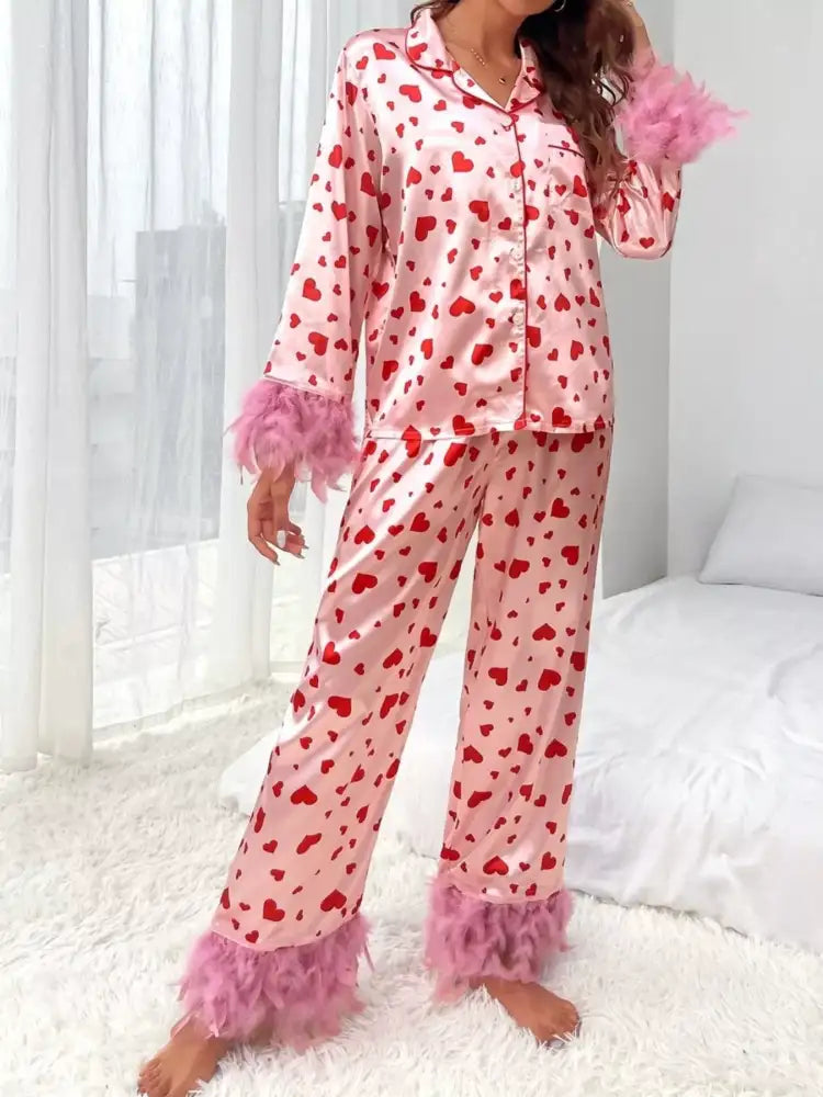 Heart Print Button Up Top and Pants Lounge Set
