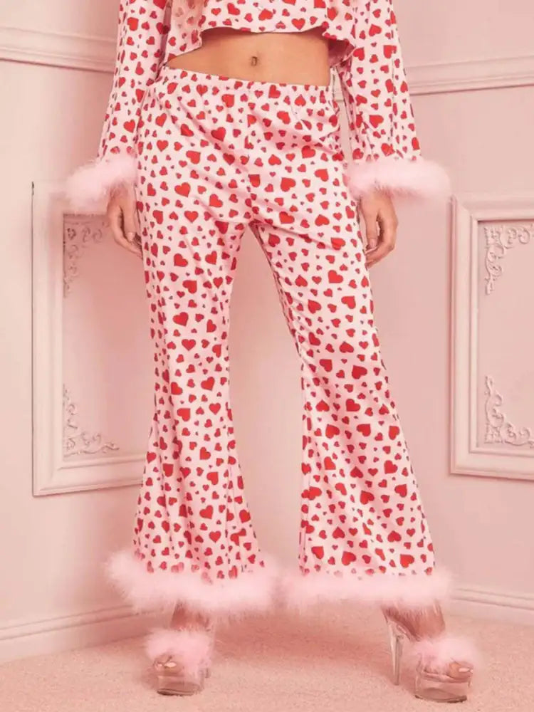 Heart Print Long Sleeve Top and Pants Lounge Set