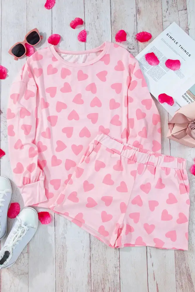 Heart Print Long Sleeve Top and Shorts Lounge Set