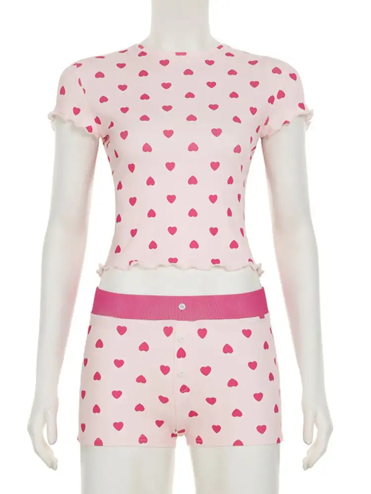 Heart Print Top and Shorts Loungewear Set