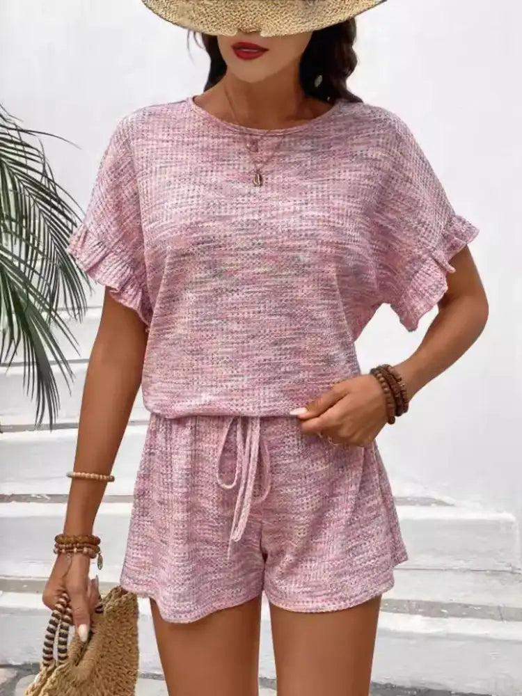 Heathered Round Neck Top and Shorts Set