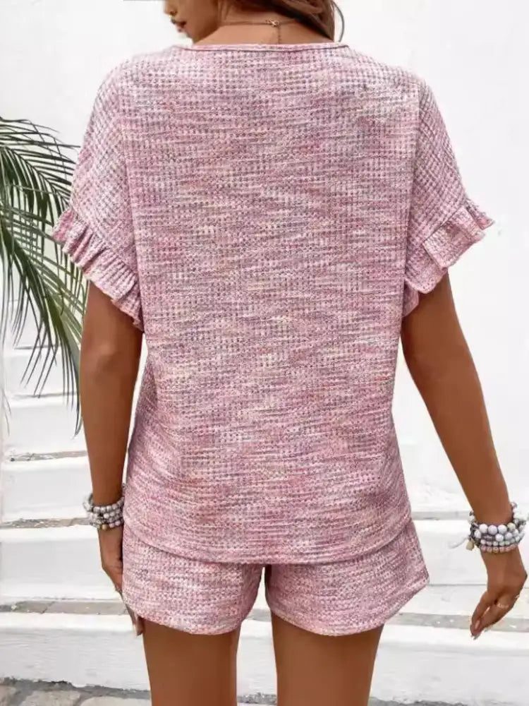 Heathered Round Neck Top and Shorts Set