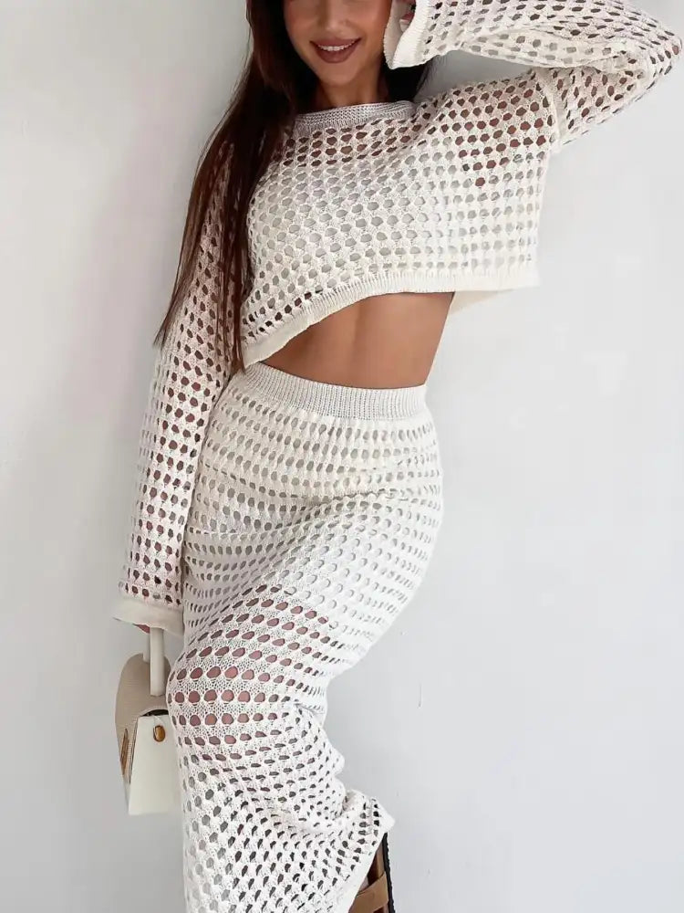 Hollow Out Long Sleeve Top and Skirt Knit Set