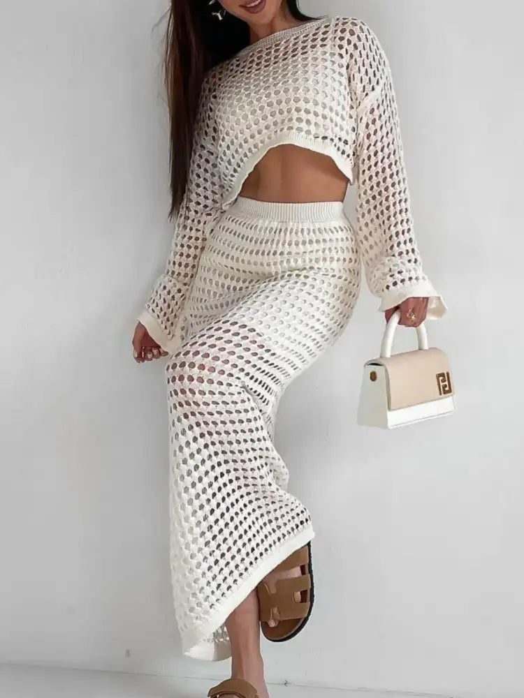 Hollow Out Long Sleeve Top and Skirt Knit Set