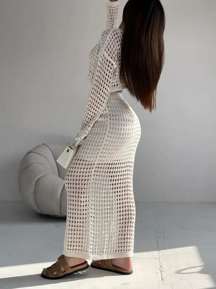 Hollow Out Long Sleeve Top and Skirt Knit Set