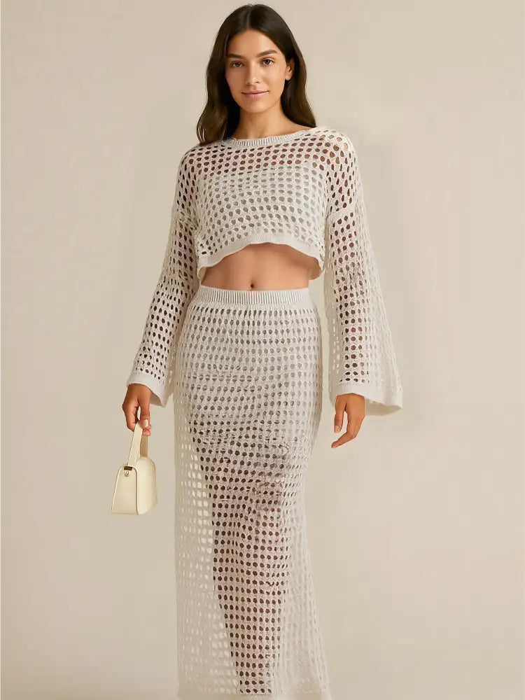 Hollow Out Long Sleeve Top and Skirt Knit Set